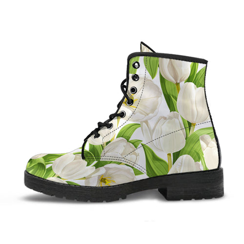 White Tulip Pattern Leather Boots