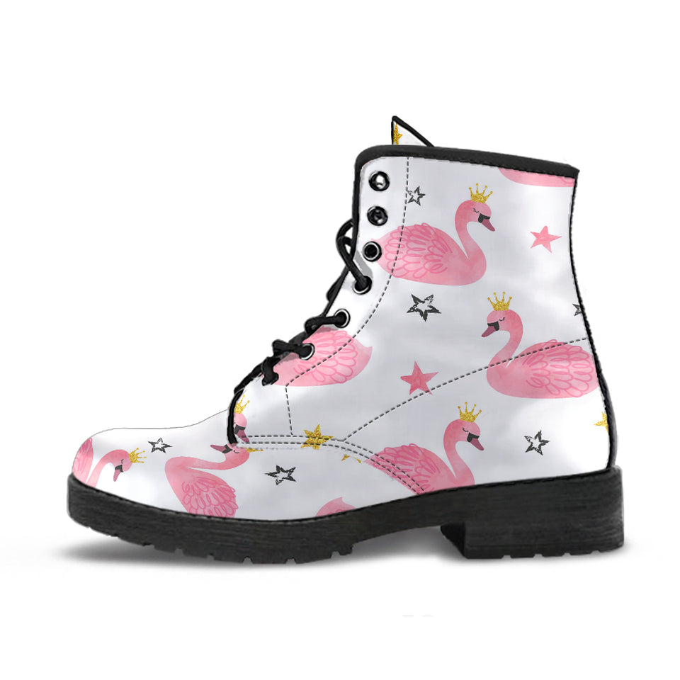 Pink Swan Pattern Leather Boots