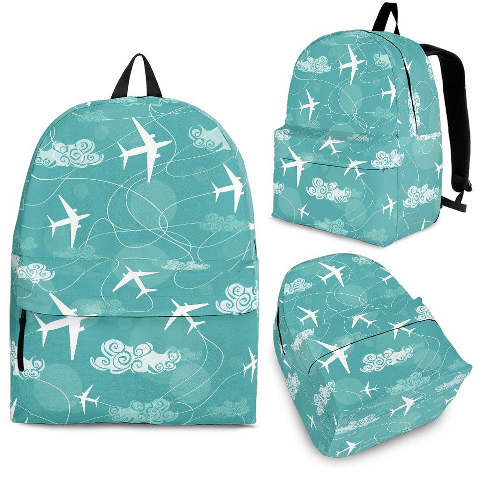 Airplane Cloud Pattern Green Background Backpack