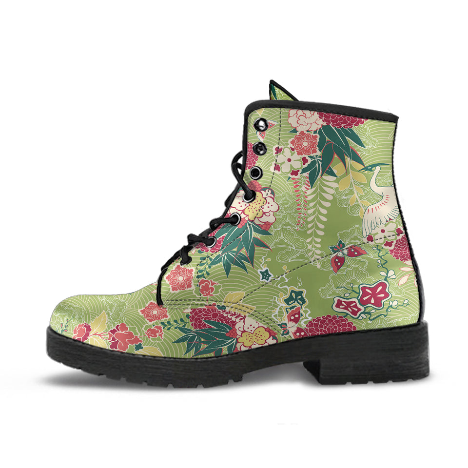 Japanese Crane Green Theme Pattern Leather Boots