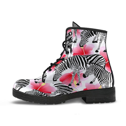 Zebra Red Hibiscus Pattern Leather Boots