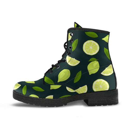 Lime Leaves Pattern Leather Boots