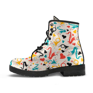 Saxophone Pattern Background Leather Boots