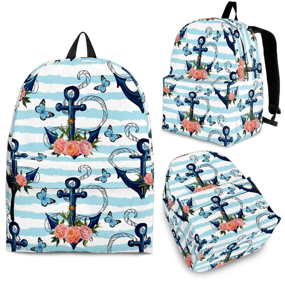 Anchor Flower Blue Stripe Pattern Backpack