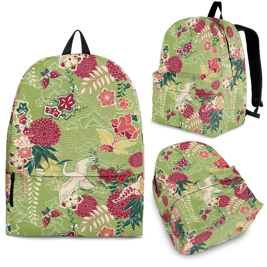 Japanese Crane Green Theme Pattern Backpack