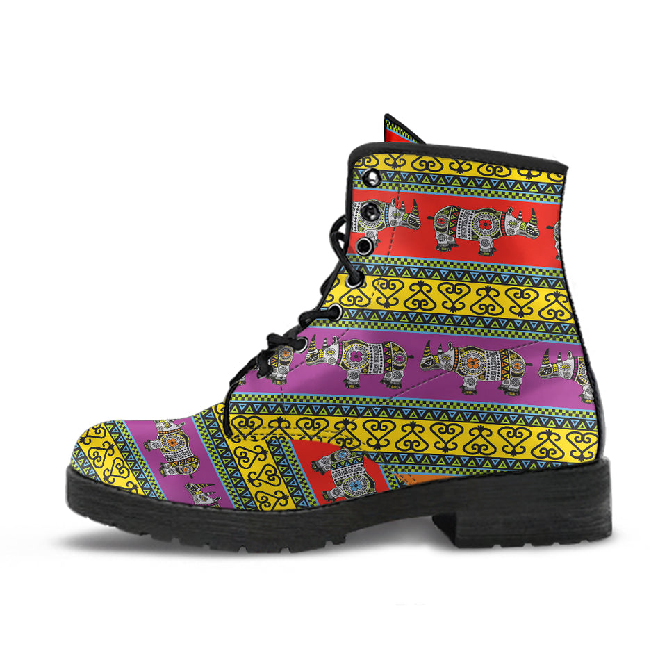 Rhino African Afro Dashiki Adinkra Kente Pattern Ethnic Motifs Leather Boots