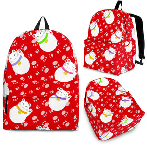 Meneki Neko Lucky Cat Pattern Red Background Backpack