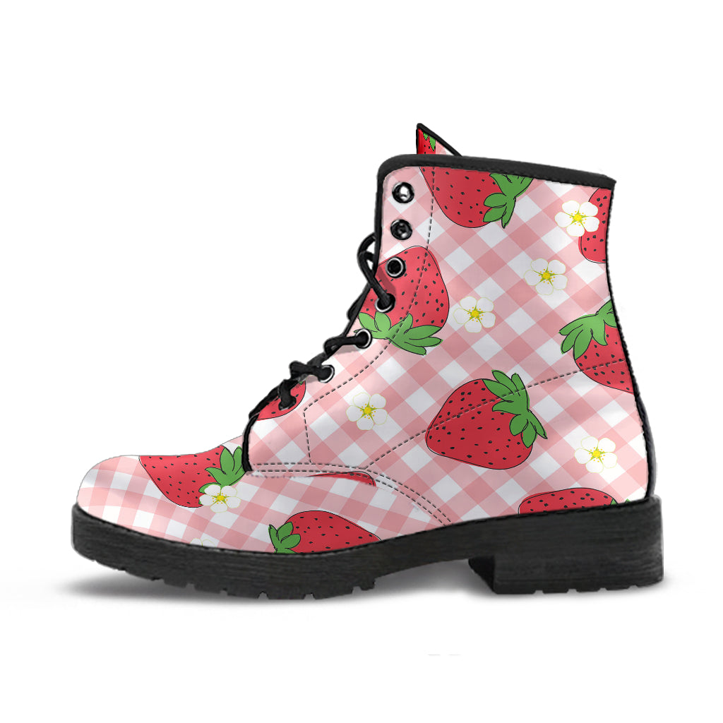 Strawberry Pattern Stripe Background Leather Boots