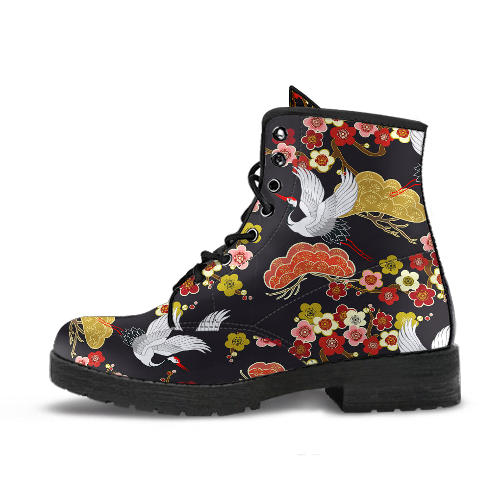 Japanese Crane Pattern Leather Boots