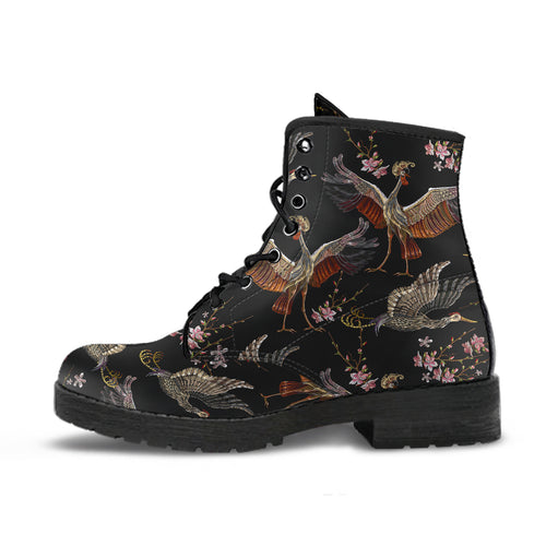 Japanese Crane Pattern Background Leather Boots