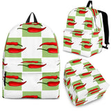 Red Chili Pattern Green White background Backpack