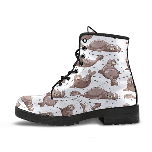 Sea Lion Pattern Background Leather Boots