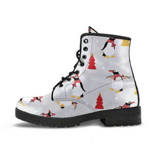 Penguin Christmas Tree Pattern Leather Boots