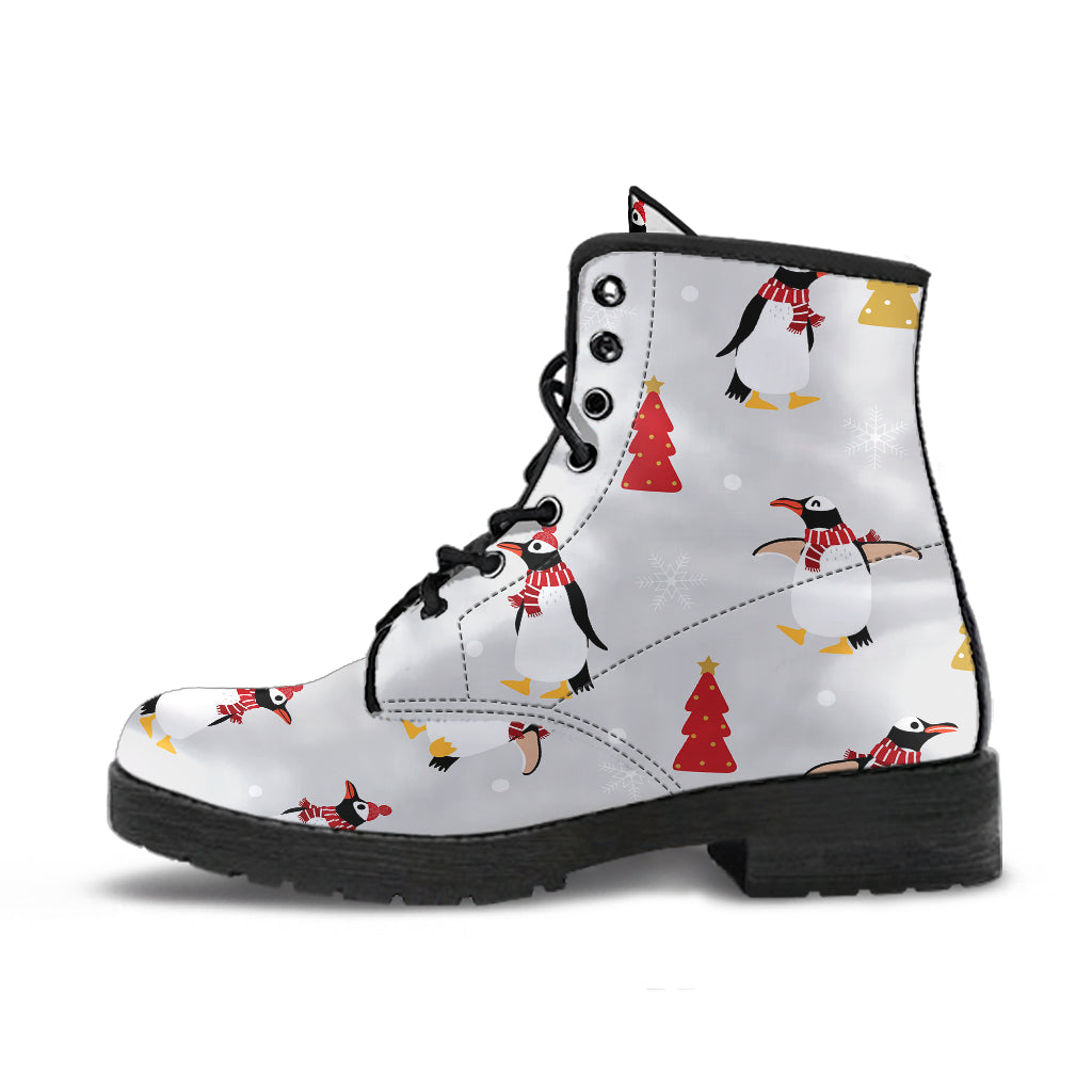 Penguin Christmas Tree Pattern Leather Boots