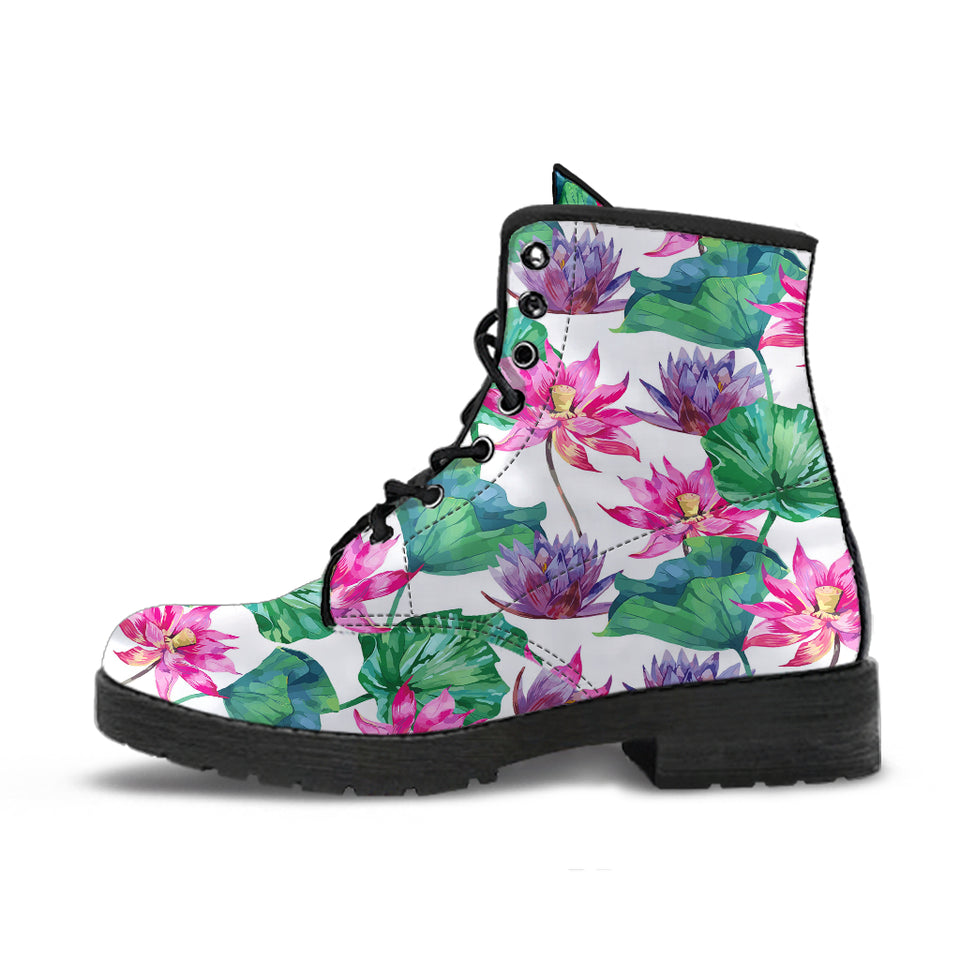 Pink Lotus Waterlily Pattern Leather Boots