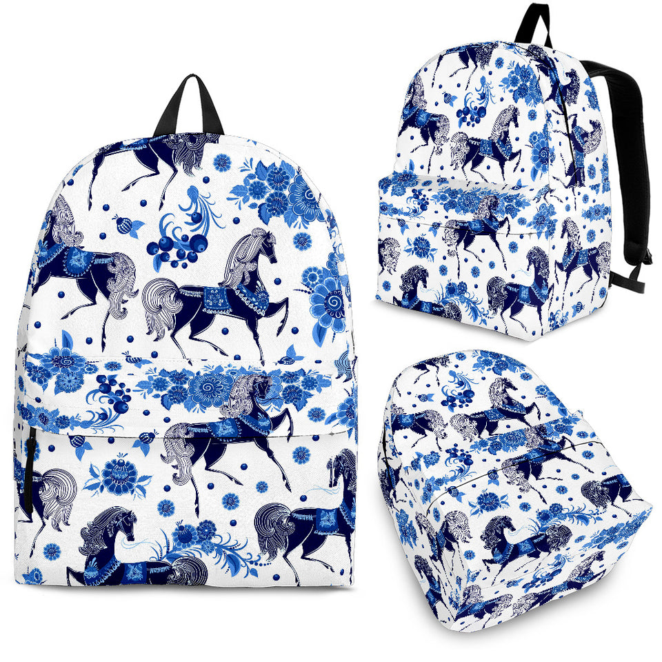 Horse Flower Blue Theme Pattern Backpack