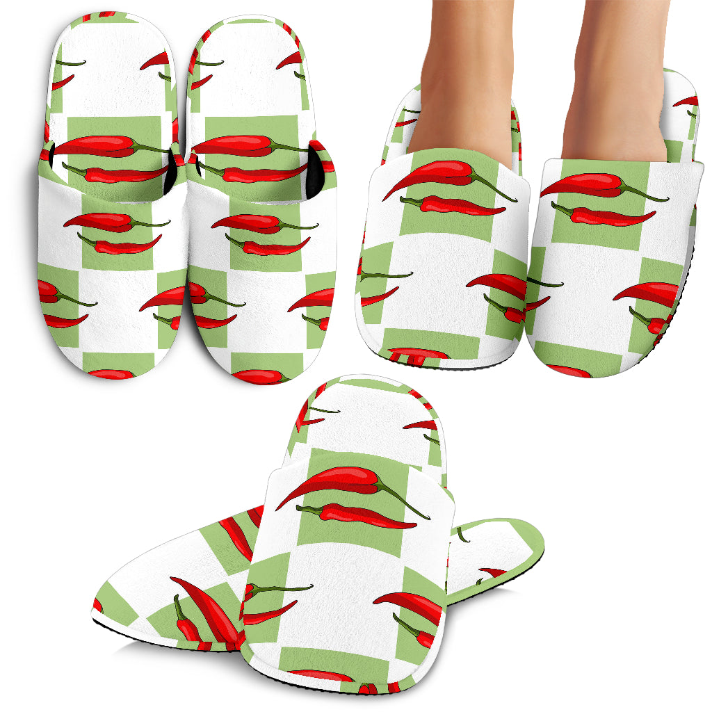 Red Chili Pattern Green White background Slippers