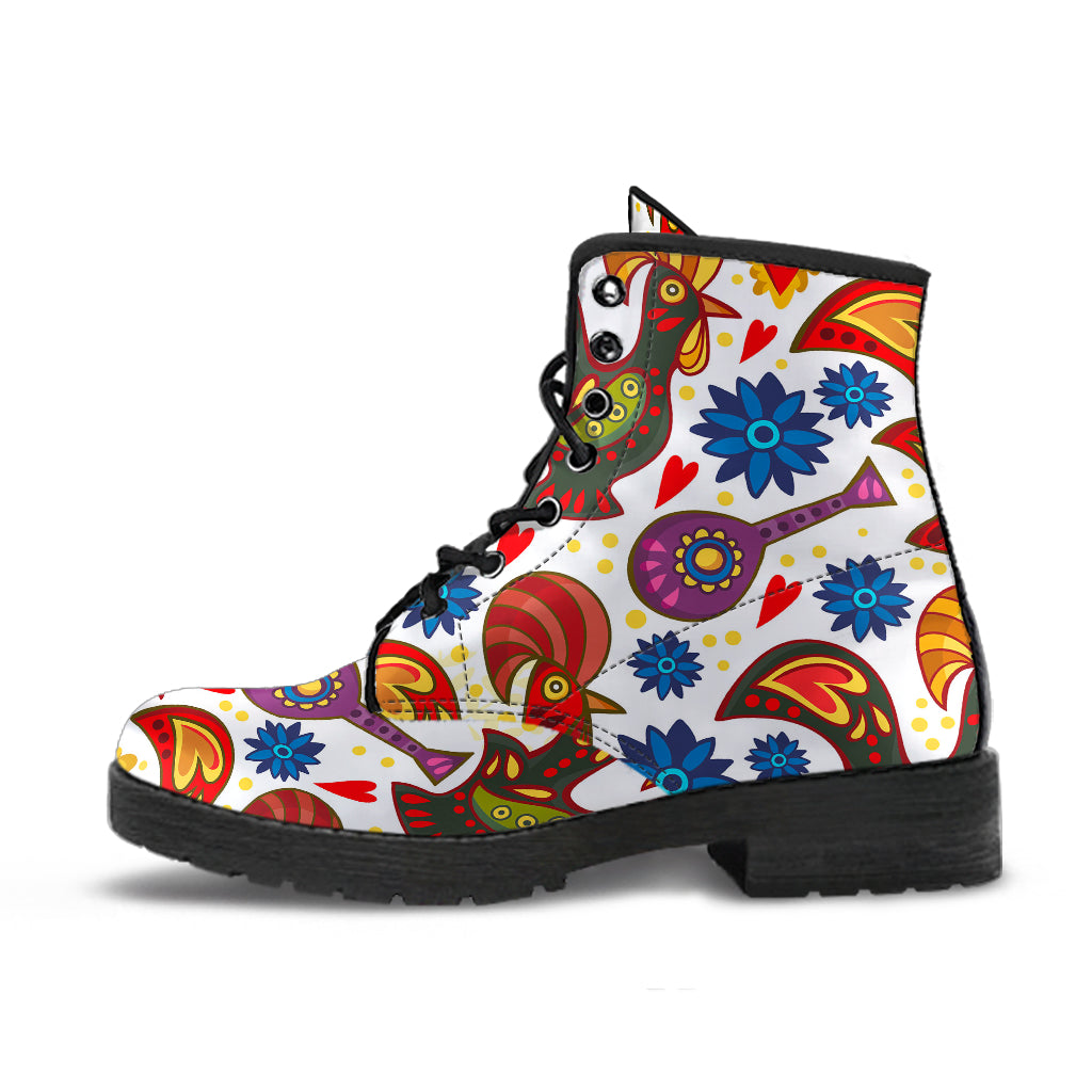 Colorful Rooster Chicken Guitar Pattern Leather Boots