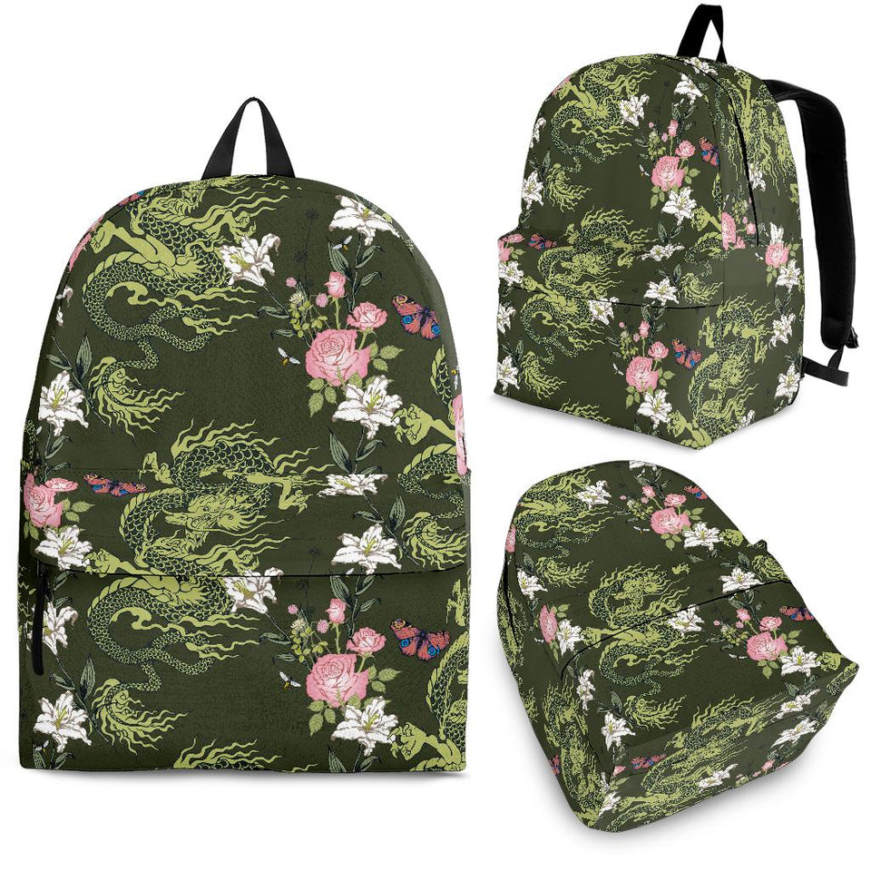 Green Dragon Rose Flower Pattern Backpack