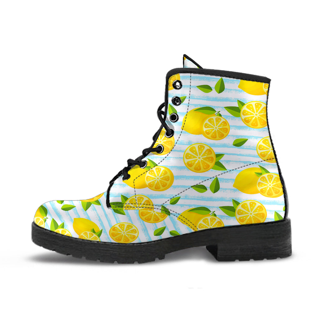 Lemon Pattern Stripe Background Leather Boots