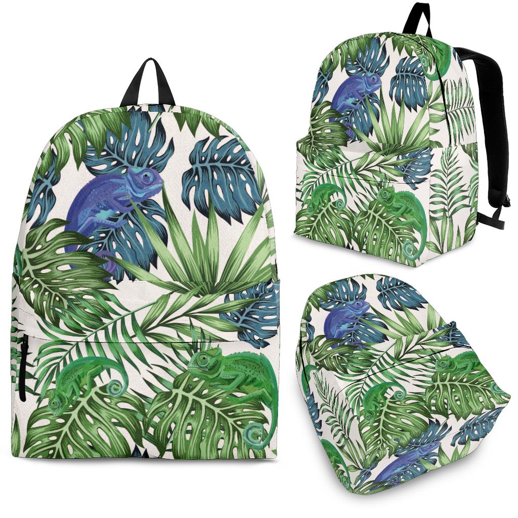 Green Blue Chameleon Lizard Leaves Pattern Backpack