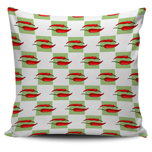 Red Chili Pattern Green White background Pillow Cover