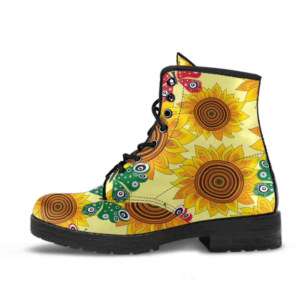 Sunflower Butterfly Pattern Leather Boots