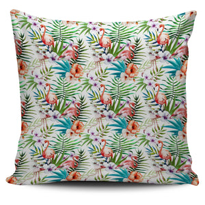 Flamingo Flower Leaves Pattern Pillow Cover