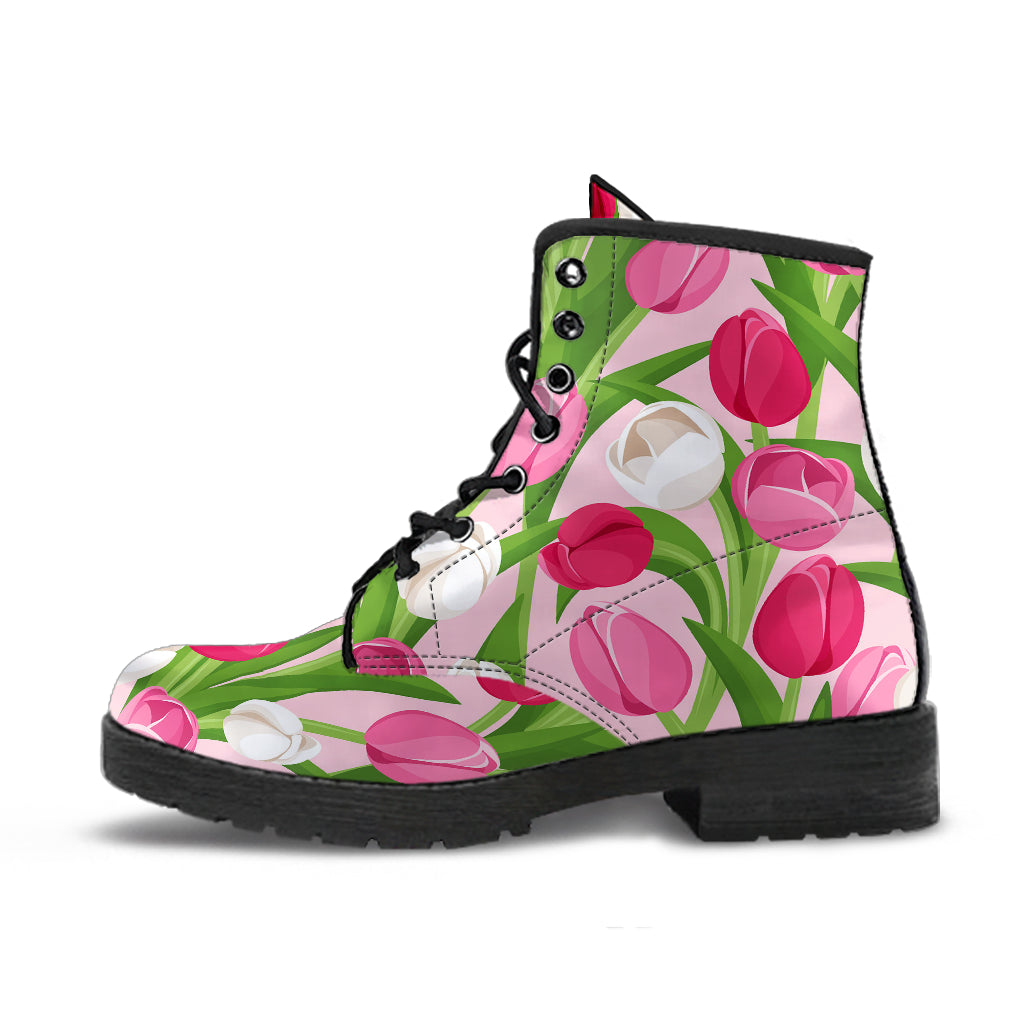 Pink White Tulip Pattern Leather Boots