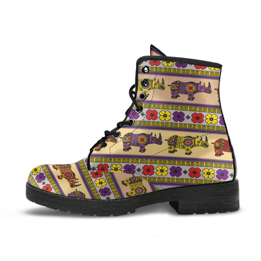 Rhino African Afro Dashiki Adinkra Kente Pattern Leather Boots