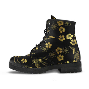 Gold Japanese Theme Pattern Leather Boots