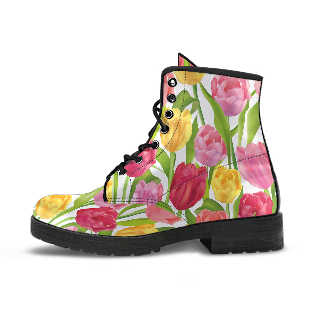 Pink Red Yellow Tulip Pattern Leather Boots