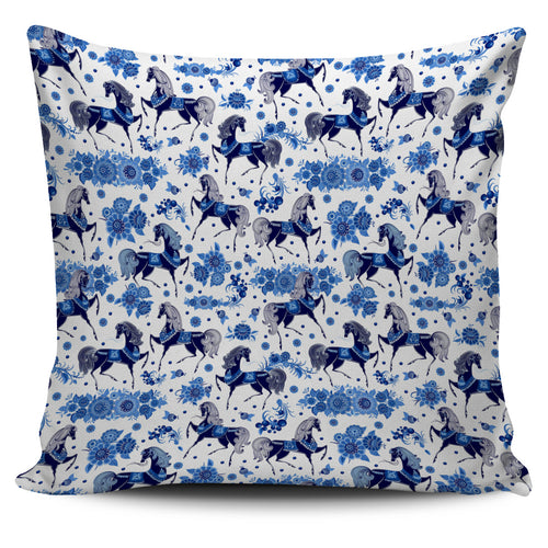 Horse Flower Blue Theme Pattern Pillow Cover
