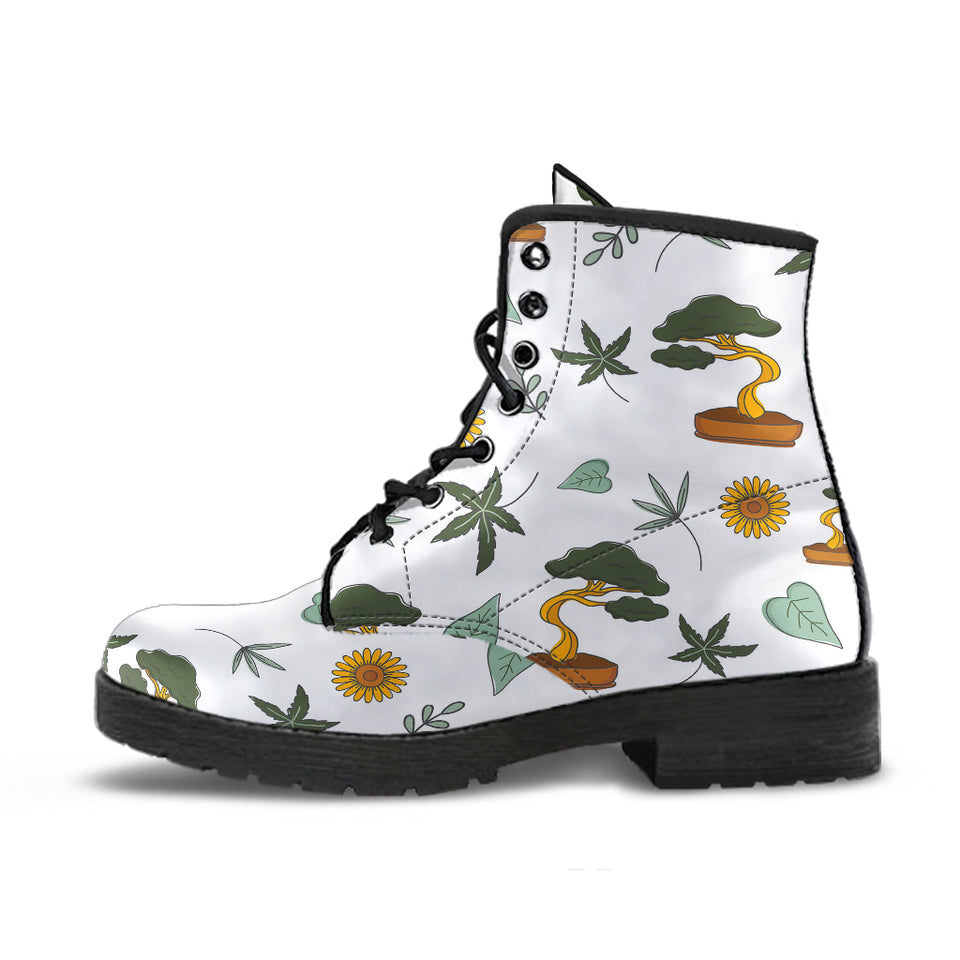 Bonsai Leaves Flower Pattern Leather Boots