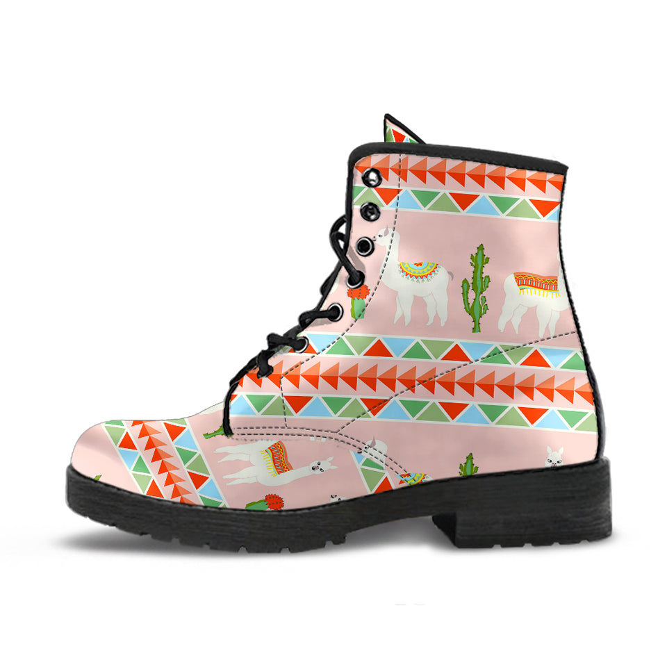 Llama Cactus Pattern background Leather Boots