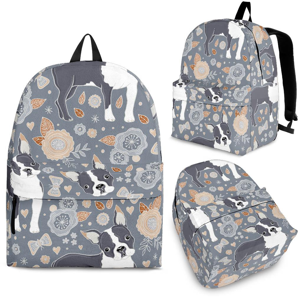 Boston Terrier Flower Pattern Gray Background Backpack