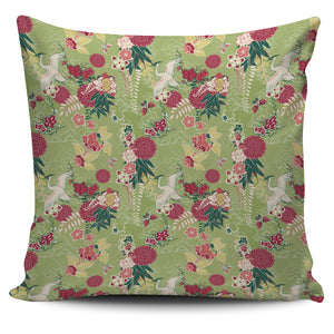Japanese Crane Green Theme Pattern Pillow Cover