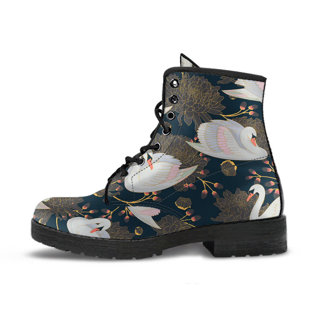 Swan Pattern Leather Boots