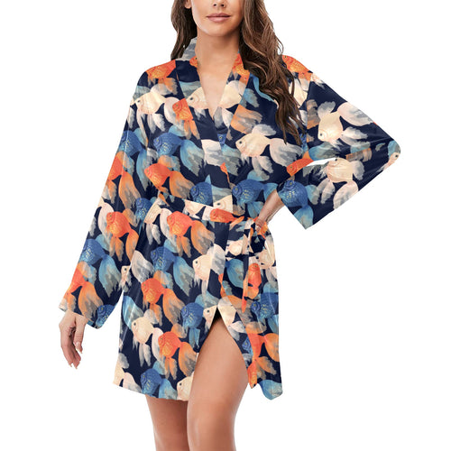 Goldfish Pattern Print Design 04 Women's Long Sleeve Belted Night Robe