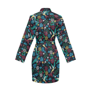 Swallow Pattern Print Design 04 Women's Long Sleeve Belted Night Robe