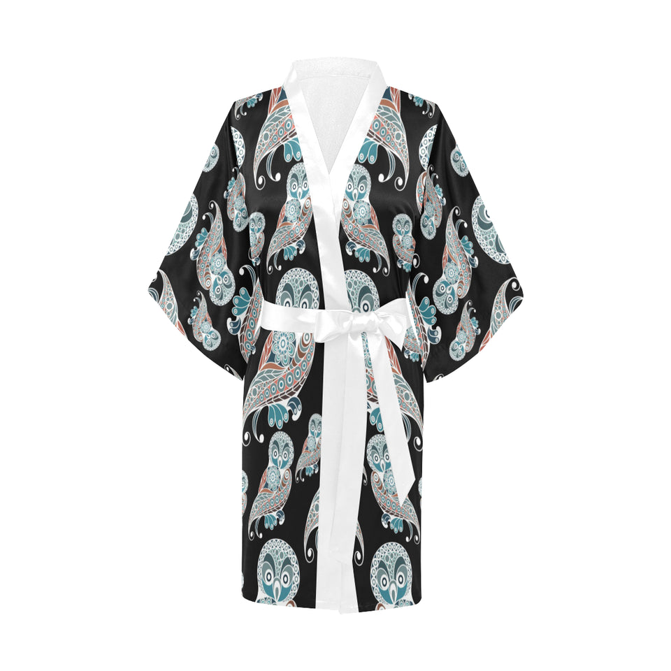 Owl Tribal Pattern Women's Short Kimono Robe