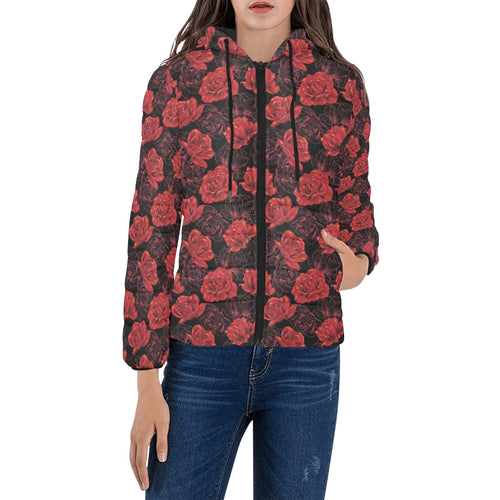 Rose Pattern Print Design 01 Women's Padded Hooded Jacket