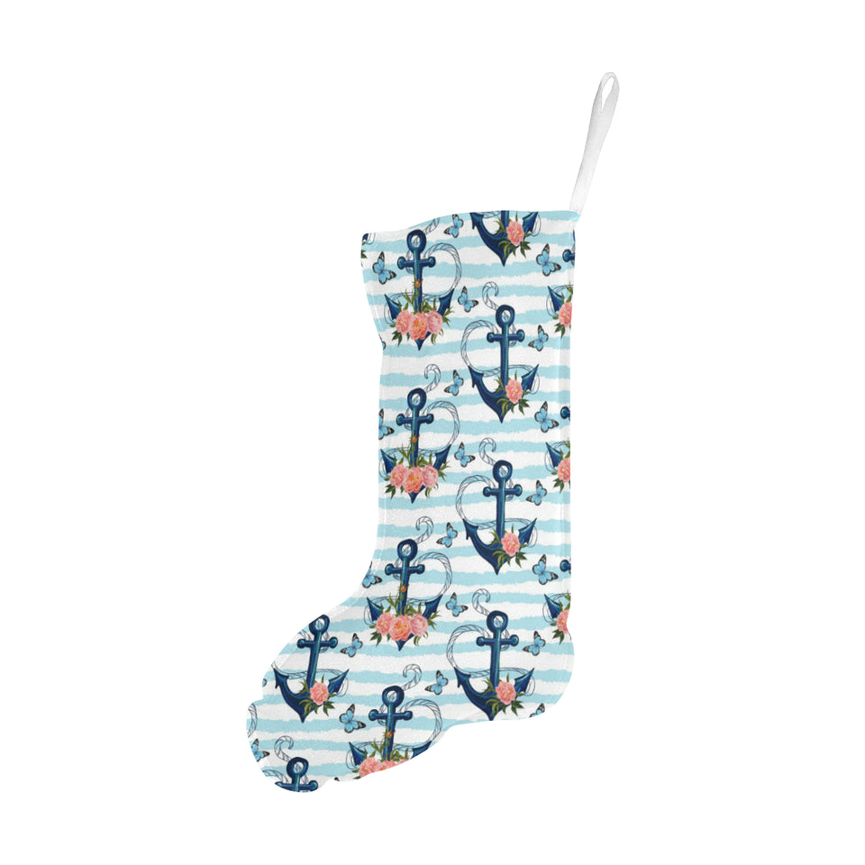 Anchor Flower Blue Stripe Pattern Christmas Stocking