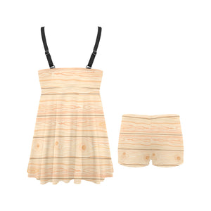 Wood Printed Pattern Print Design 05 Chest Sexy Pleated Two Piece Swim Dress