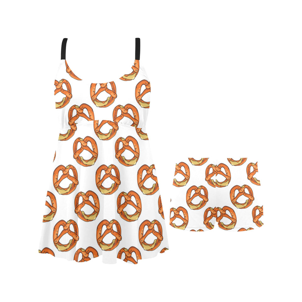 Pretzels Pattern Print Design 03 Chest Sexy Pleated Two Piece Swim Dress