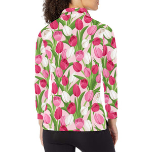 Pink White Tulip Pattern Women's Long Sleeve Polo Shirt