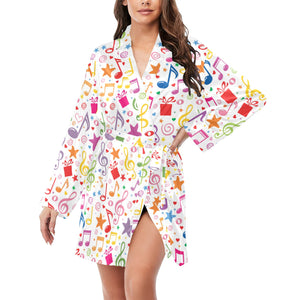 Music Notes Pattern Print Design 04 Women's Long Sleeve Belted Night Robe