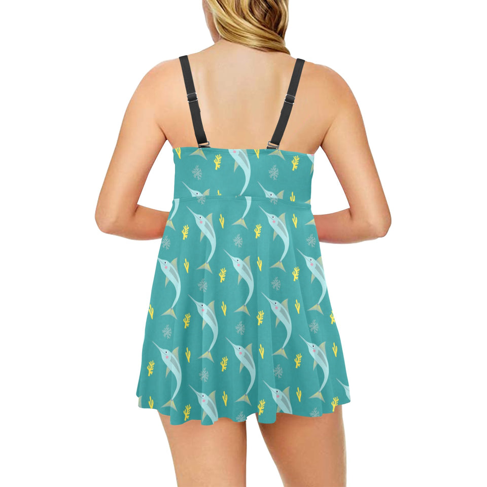 Swordfish Pattern Print Design 04 Chest Sexy Pleated Two Piece Swim Dress