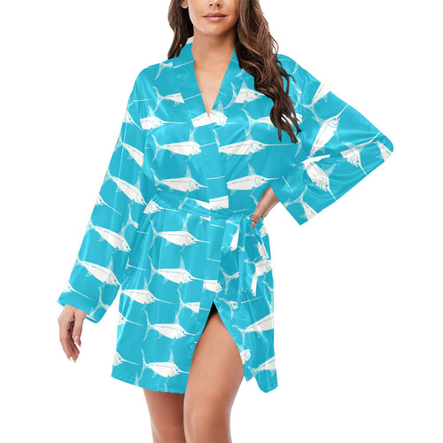 Swordfish Pattern Print Design 02 Women's Long Sleeve Belted Night Robe