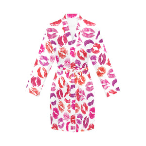 Lips Pattern Print Design 04 Women's Long Sleeve Belted Night Robe